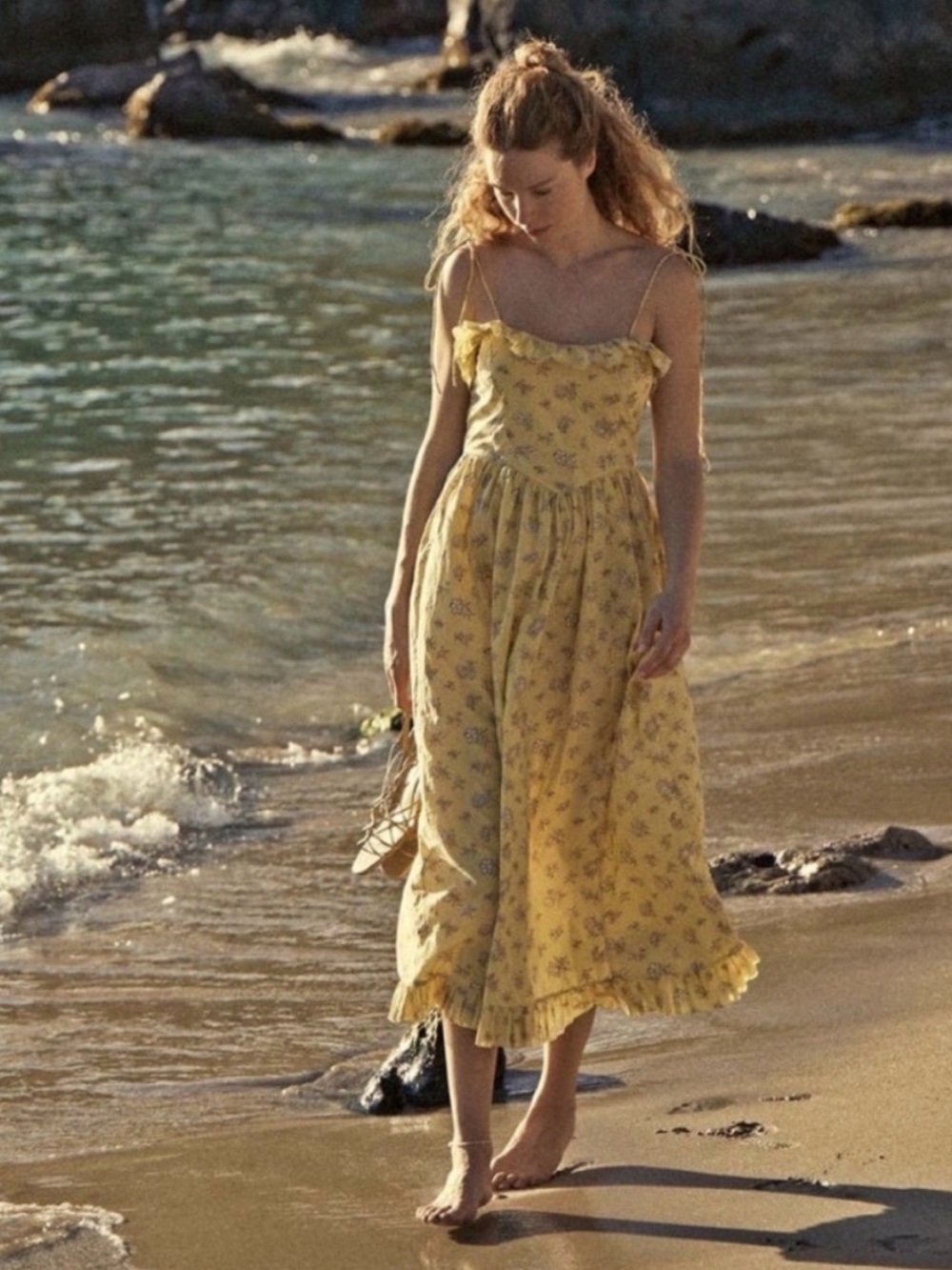 DÔEN Wendelin Sunshine Bouton de Rose Yellow Floral Ruffle Maxi Dress XXL